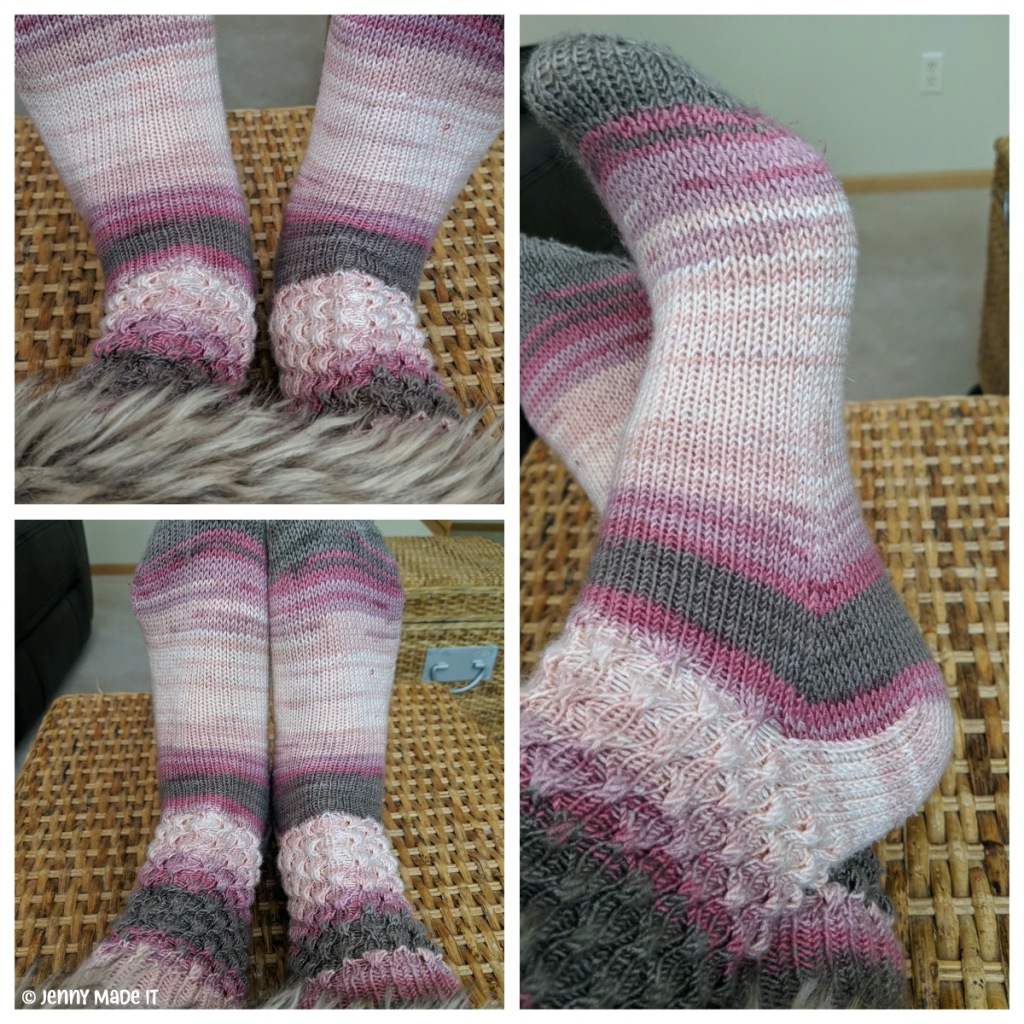 This is a collage of three photos of me wearing the hand knit Tuscany socks.