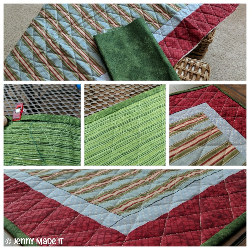 Collage of photos of my quilted table runner project getting a nice binding.