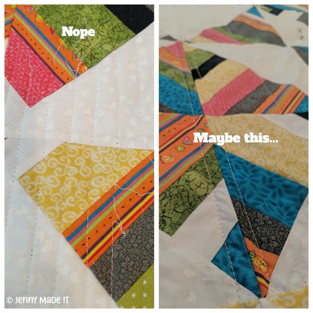 Collage photo of the string quilt and what went wrong as well as what might work.