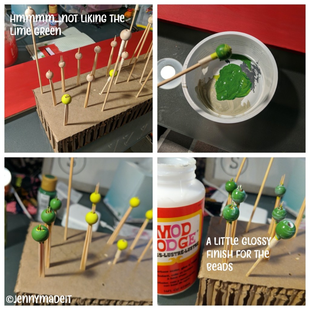 Photo collage of the process of painting wooden beads.