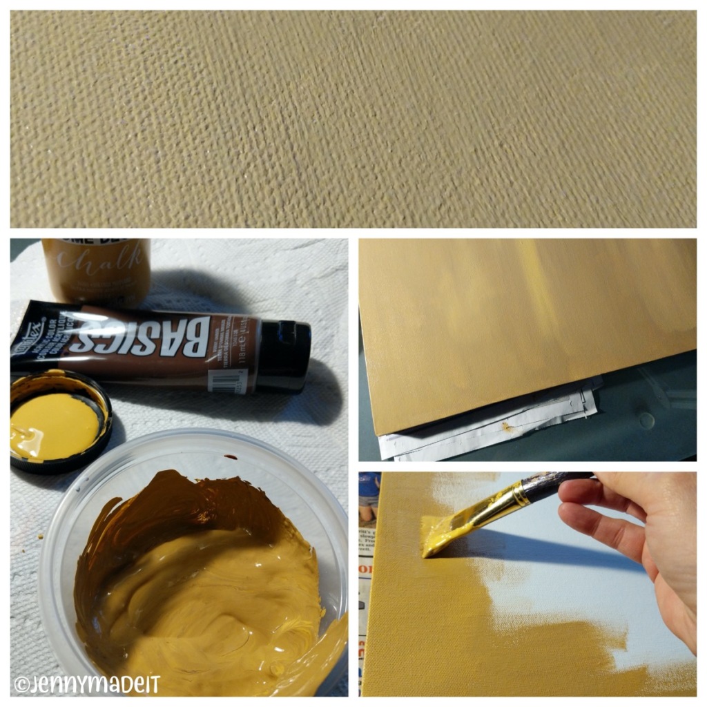 Photo collage showing the golden yellow color being painted on the canvas.