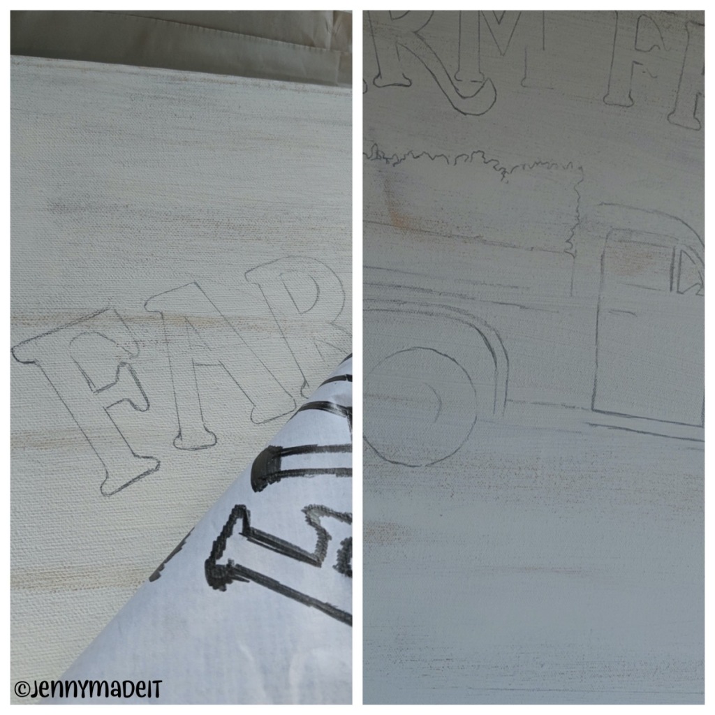Photo collage showing how I transfer the design to the canvas.