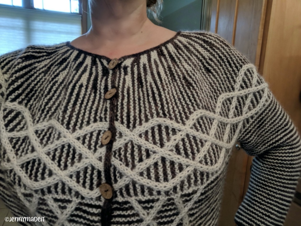 This is a photo showing part of me wearing a cardigan sweater I have knitted. 