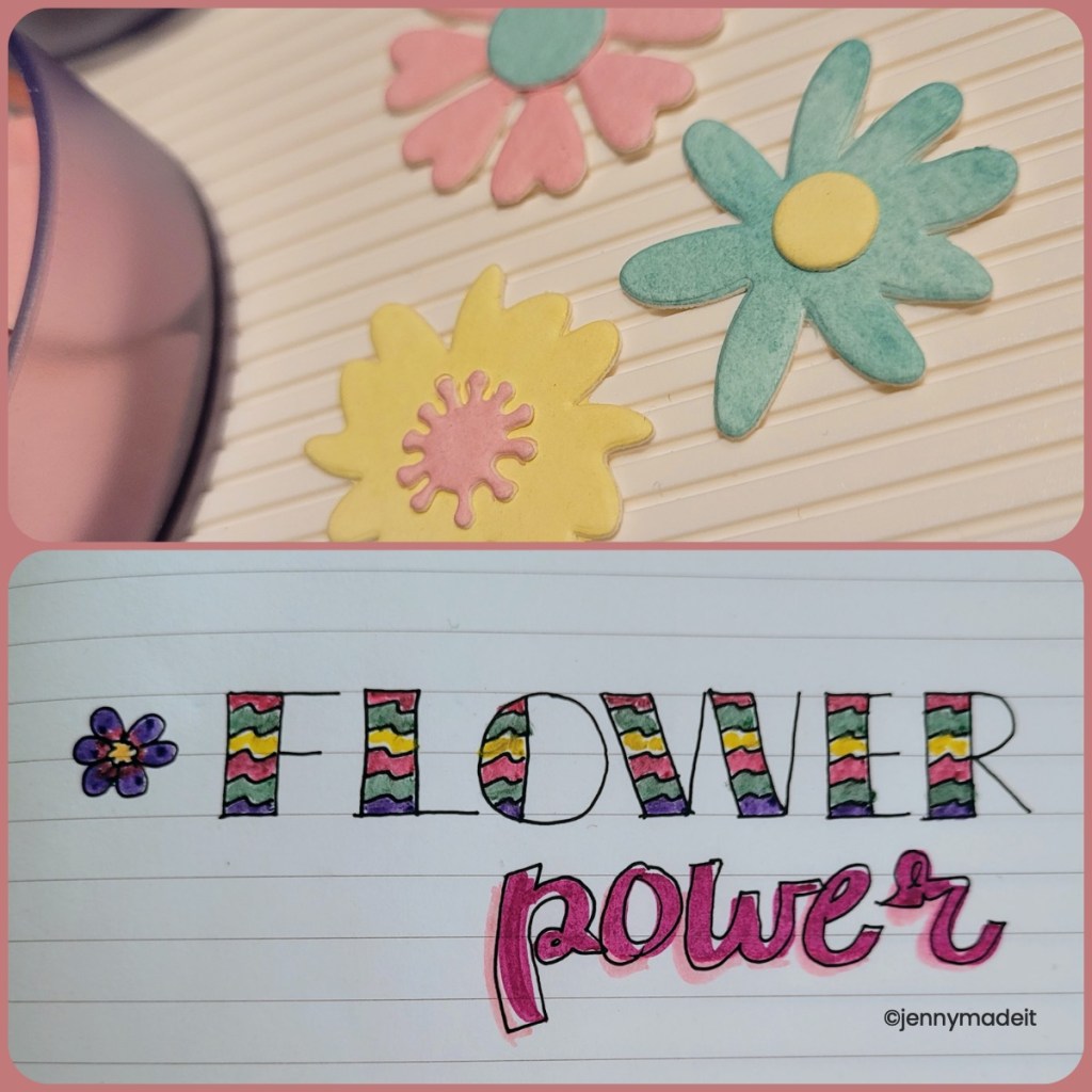 Collage of two photos with die cut flowers and hand lettering.