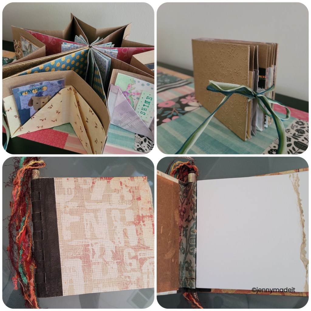 Collage of four photos of bookbinding projects I have completed.